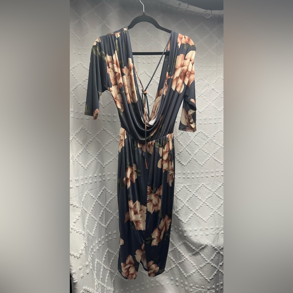 Blooms in the City Slate Blue Floral Surplice Midi Dress Womens Small Gray Pink - Picture 3 of 4
